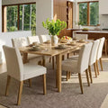 Expandable Dining Table Set for 8, Rectangular Table with Removable Leaves and Armless Linen Chairs, Featuring Solid Wood Legs-Panipeachy
