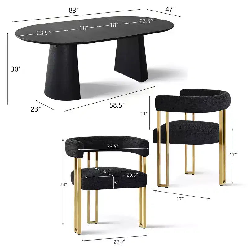 Ensemble Table à Manger Ovale Extensible 3-en-1 avec Chaises Rembourrées en Chenille et Pieds en Métal Doré, Meuble de Salle à Manger Polyvalent - Panipeachy