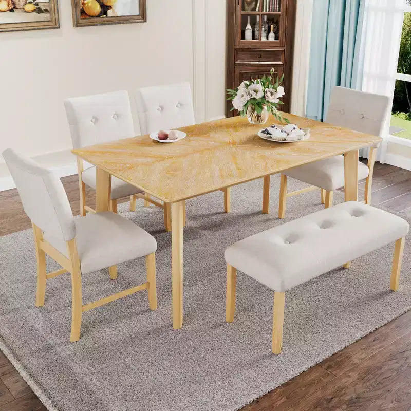 6-Piece Rustic Farmhouse Dining Set with Table, 4 Chairs, and Bench, for 6 Persons, Easy Assembly