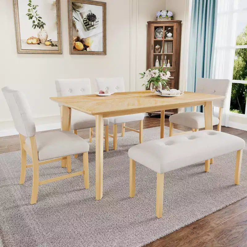Ensemble de salle à manger rustique de 6 pièces avec table, 4 chaises et banc, pour 6 personnes, montage facile