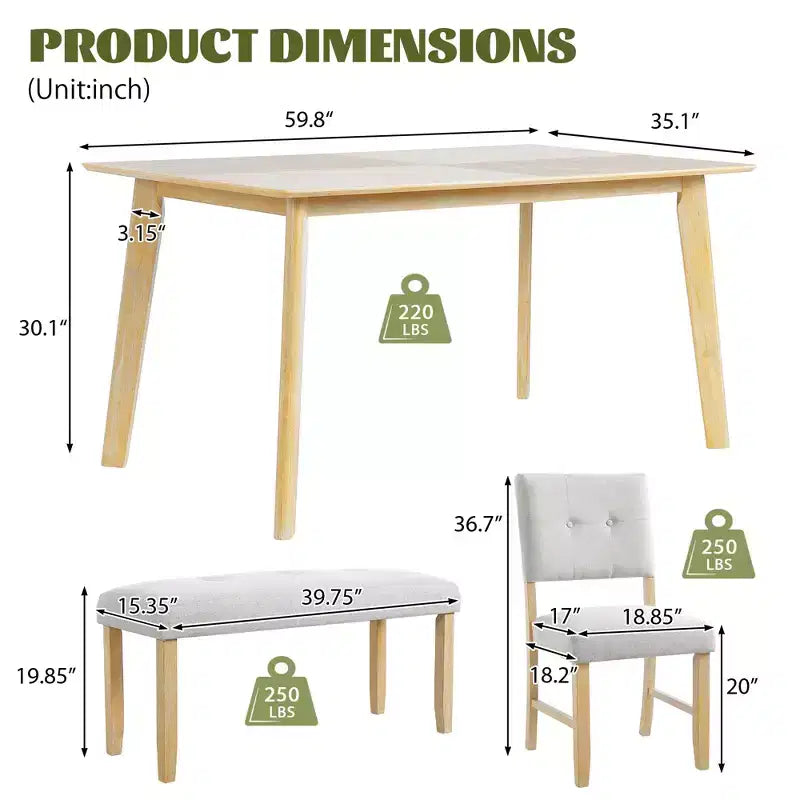 Ensemble de salle à manger rustique de 6 pièces avec table, 4 chaises et banc, pour 6 personnes, montage facile