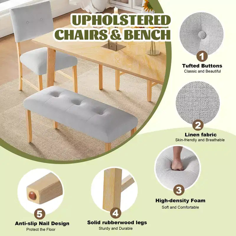 Ensemble de salle à manger rustique de 6 pièces avec table, 4 chaises et banc, pour 6 personnes, montage facile