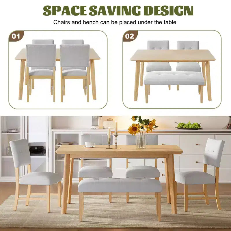 Ensemble de salle à manger rustique de 6 pièces avec table, 4 chaises et banc, pour 6 personnes, montage facile