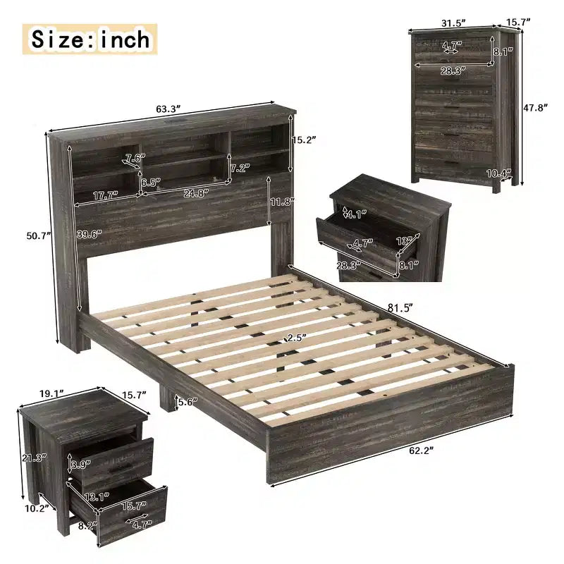 Whisen Ensembles de 4 meubles de chambre à coucher, lit Queen avec tête de lit de rangement, 2 tables de chevet et 1 commode