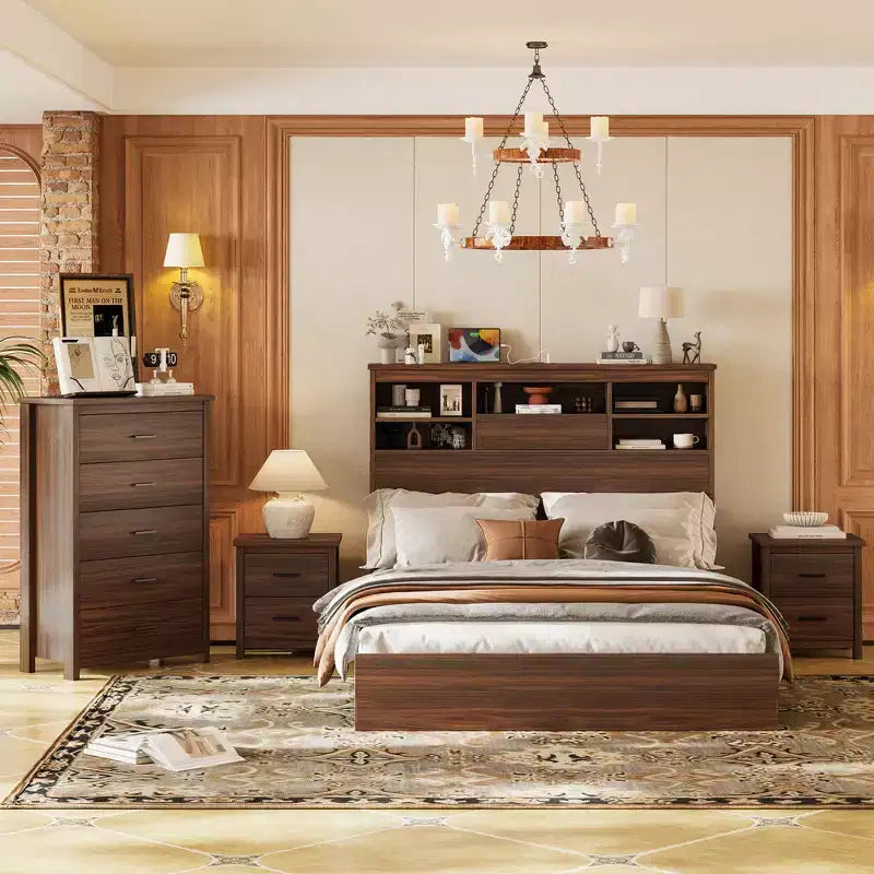 Whisen Ensembles de 4 meubles de chambre à coucher, lit Queen avec tête de lit de rangement, 2 tables de chevet et 1 commode