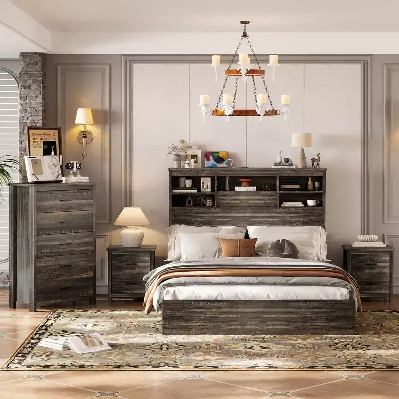 Whisen Ensembles de 4 meubles de chambre à coucher, lit Queen avec tête de lit de rangement, 2 tables de chevet et 1 commode