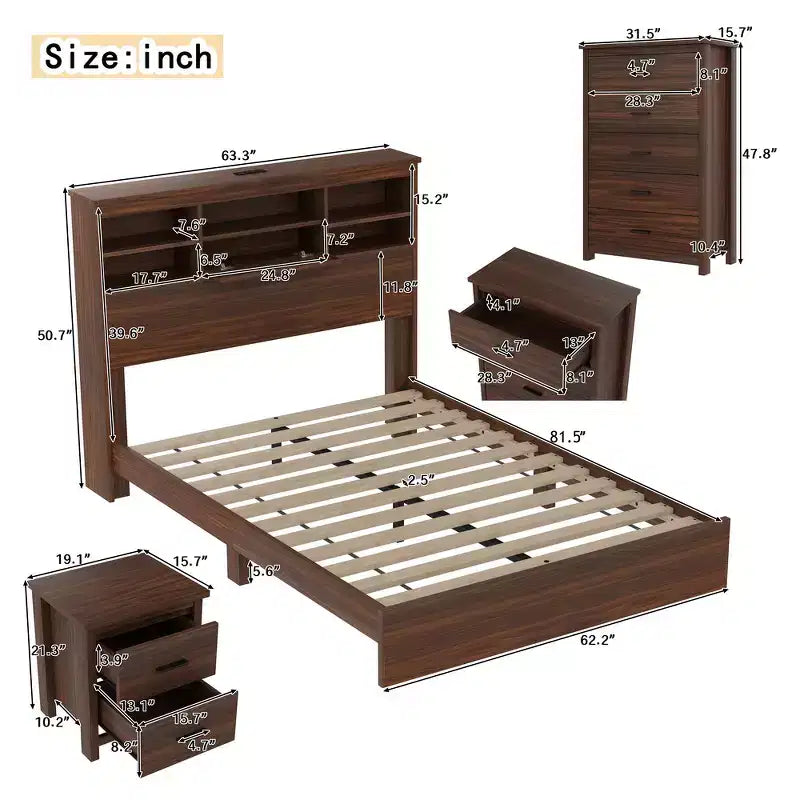 Whisen Ensembles de 4 meubles de chambre à coucher, lit Queen avec tête de lit de rangement, 2 tables de chevet et 1 commode