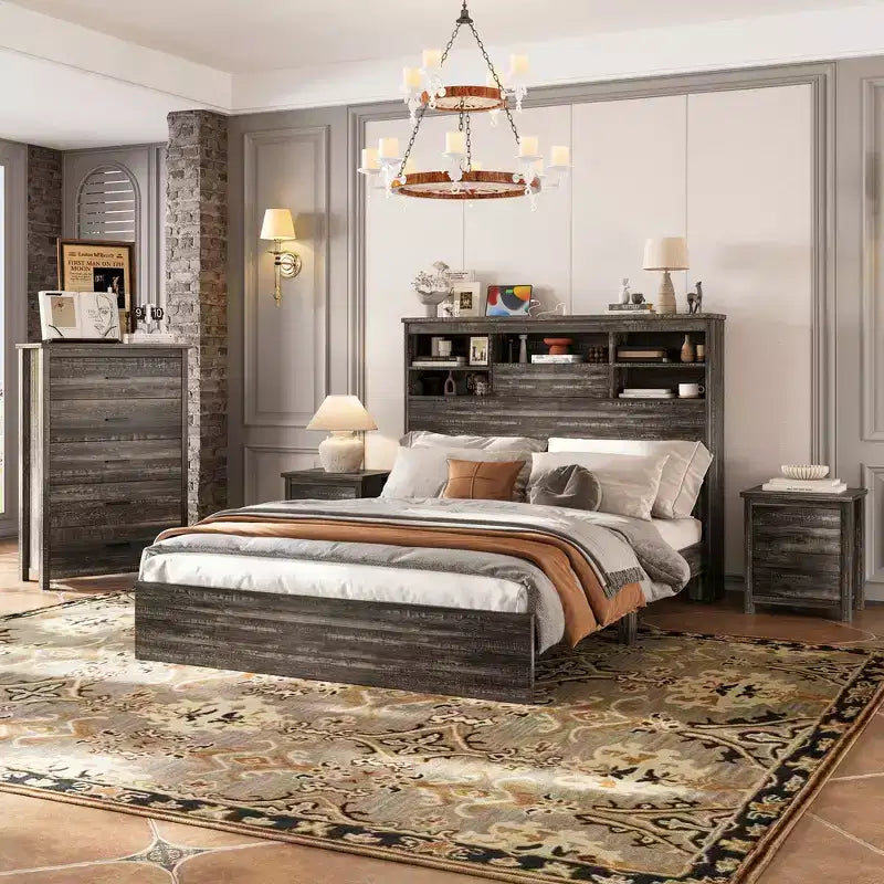 Whisen 4PCS Bedroom Sets, Queen Bed Frame with Storage Headboard, 2 Nightstands and 1 Dresser