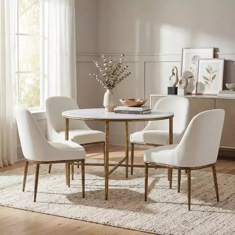 Christopher Knight Home Valeska 5 Piece Industrial Luxe Hand-Forged Sintered Stone Dining Table with Upholstered Dining Chairs