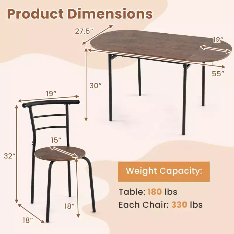 Costway Ensemble table à manger pliable 3 pièces avec 2 chaises, table de coin ovale industrielle