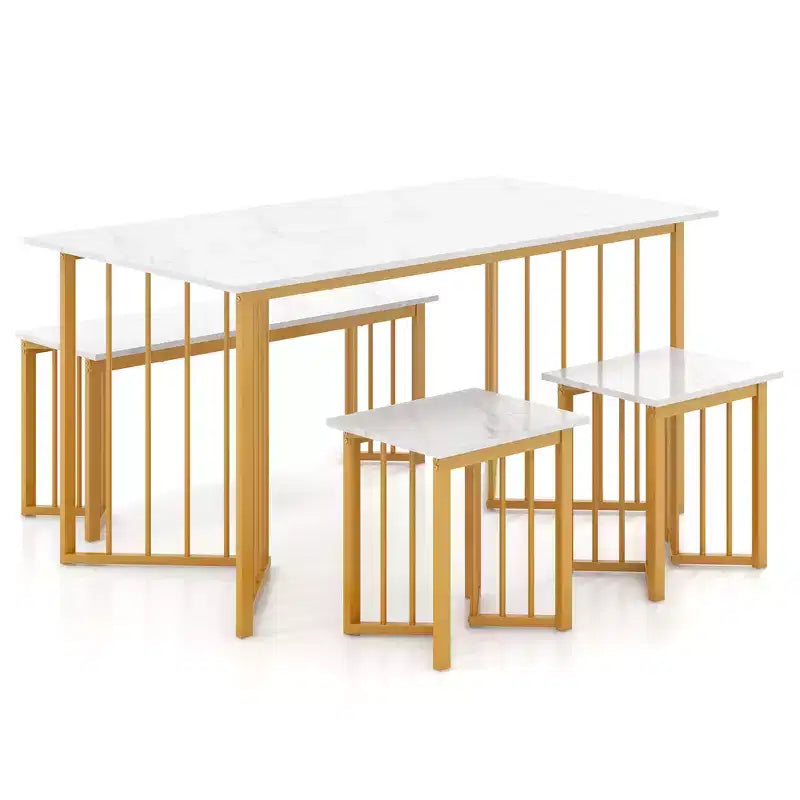 Costway Ensemble de Table à Manger 4 Pièces Table de Cuisine avec Banc et 2 Tabourets Pieds en Métal en Forme d'Aile