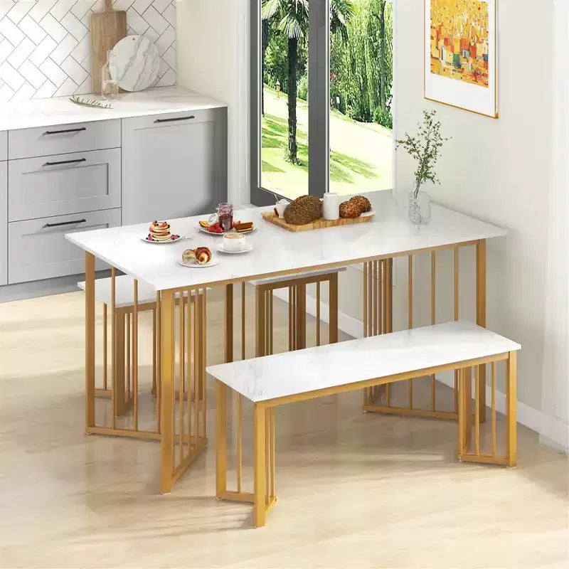 Costway Ensemble de Table à Manger 4 Pièces Table de Cuisine avec Banc et 2 Tabourets Pieds en Métal en Forme d'Aile