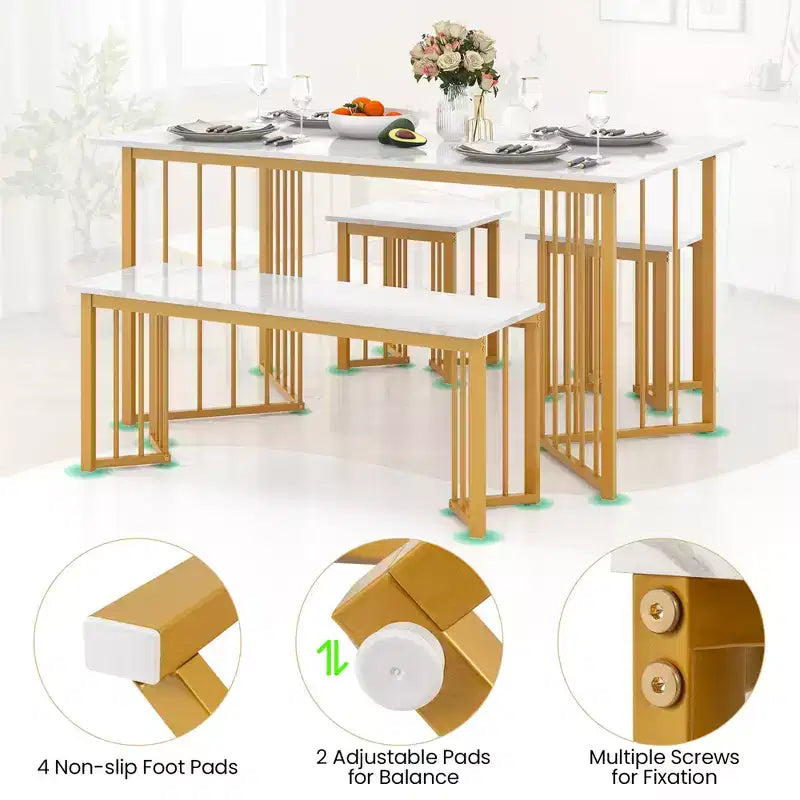 Costway Ensemble de Table à Manger 4 Pièces Table de Cuisine avec Banc et 2 Tabourets Pieds en Métal en Forme d'Aile