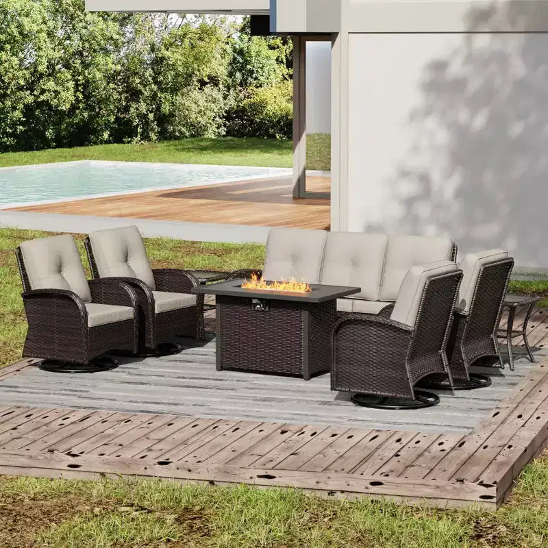 Ensemble de patio extérieur UPTIOT avec foyer, canapé, fauteuils pivotants et tables d'appoint