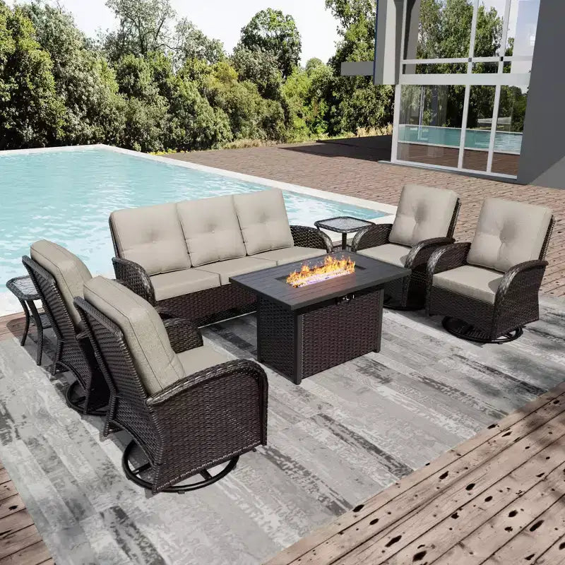 Ensemble de patio extérieur UPTIOT avec foyer, canapé, fauteuils pivotants et tables d'appoint