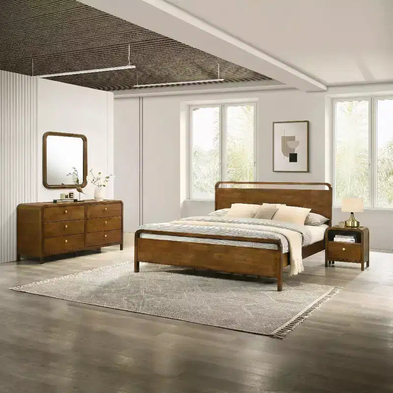 Roundhill Furniture Eldren Wood Bedroom Set, Platform Bed with Dresser, Mirror, and Nightstand in Walnut Finish