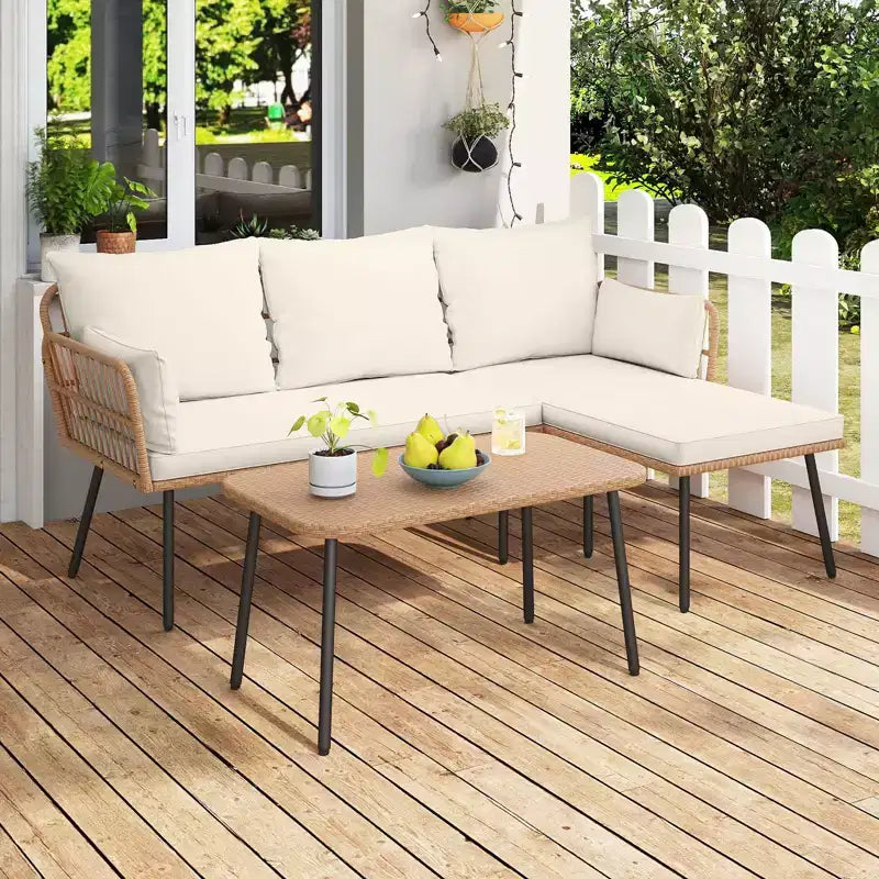 Costway Ensemble de Meubles de Patio en Forme de L 3 Pièces avec Table Basse, Coussins Amovibles Jaune Mixte + Blanc Cassé