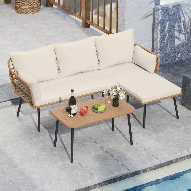 Costway Ensemble de Meubles de Patio en Forme de L 3 Pièces avec Table Basse, Coussins Amovibles Jaune Mixte + Blanc Cassé