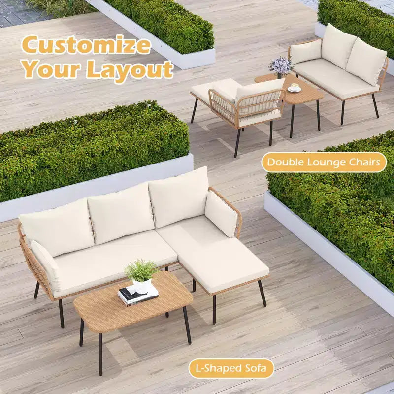 Costway Ensemble de Meubles de Patio en Forme de L 3 Pièces avec Table Basse, Coussins Amovibles Jaune Mixte + Blanc Cassé