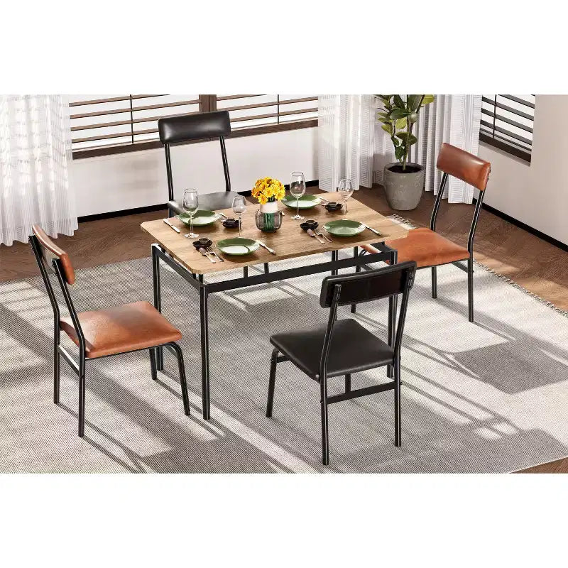 Ensemble table et chaises 5 pièces, plateau imitation bois grainé marron, chaises en PU marron et noir, structure en métal, compact, montage facile, pour cuisine/salle à manger