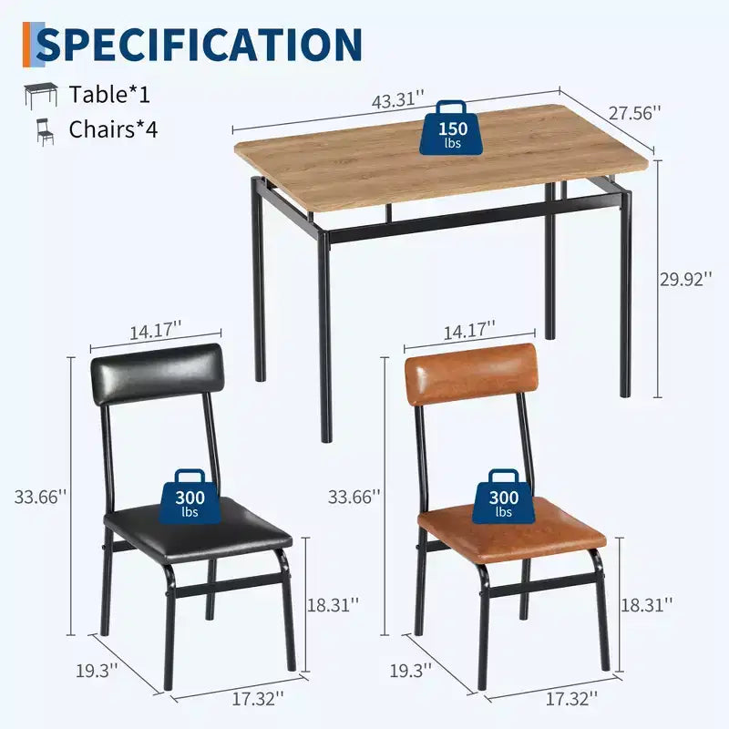 Ensemble table et chaises 5 pièces, plateau imitation bois grainé marron, chaises en PU marron et noir, structure en métal, compact, montage facile, pour cuisine/salle à manger