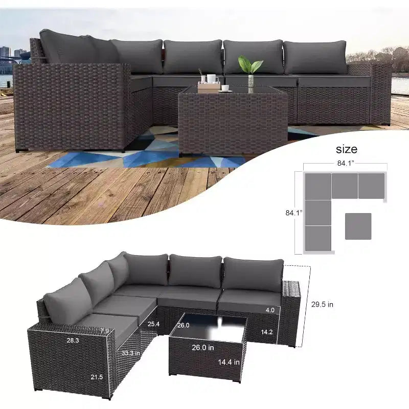 ALAULM Ensemble de 6 meubles de patio d'extérieur en rotin tressé PE, canapé modulable, salon de conversation de patio