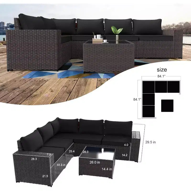 ALAULM Ensemble de 6 meubles de patio d'extérieur en rotin tressé PE, canapé modulable, salon de conversation de patio
