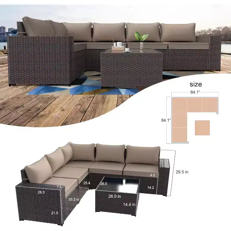ALAULM Ensemble de 6 meubles de patio d'extérieur en rotin tressé PE, canapé modulable, salon de conversation de patio