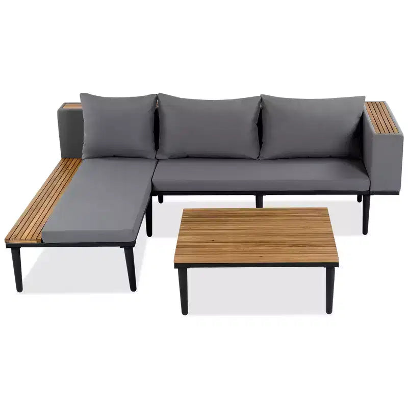 GDFStudio Nolan Ensemble de conversation de jardin moderne en bois d'acacia et métal en L avec table basse
