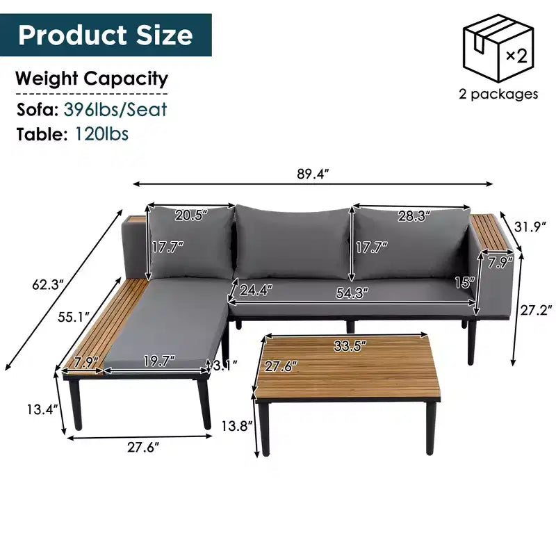 GDFStudio Nolan Ensemble de conversation de jardin moderne en bois d'acacia et métal en L avec table basse