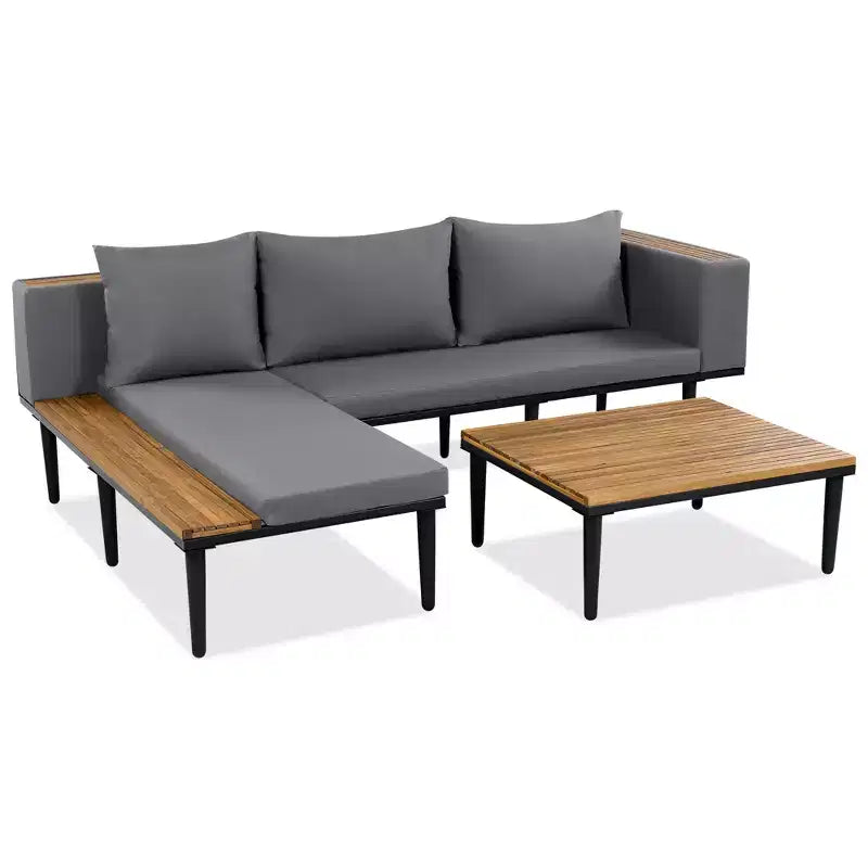 GDFStudio Nolan Ensemble de conversation de jardin moderne en bois d'acacia et métal en L avec table basse