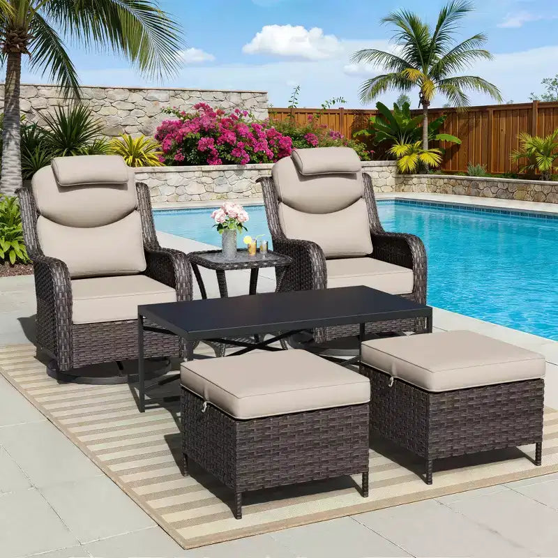 Ensemble de chaises pivotantes et berçantes d'extérieur UPTIOT avec poufs convertibles et table basse pour la détente sur la terrasse