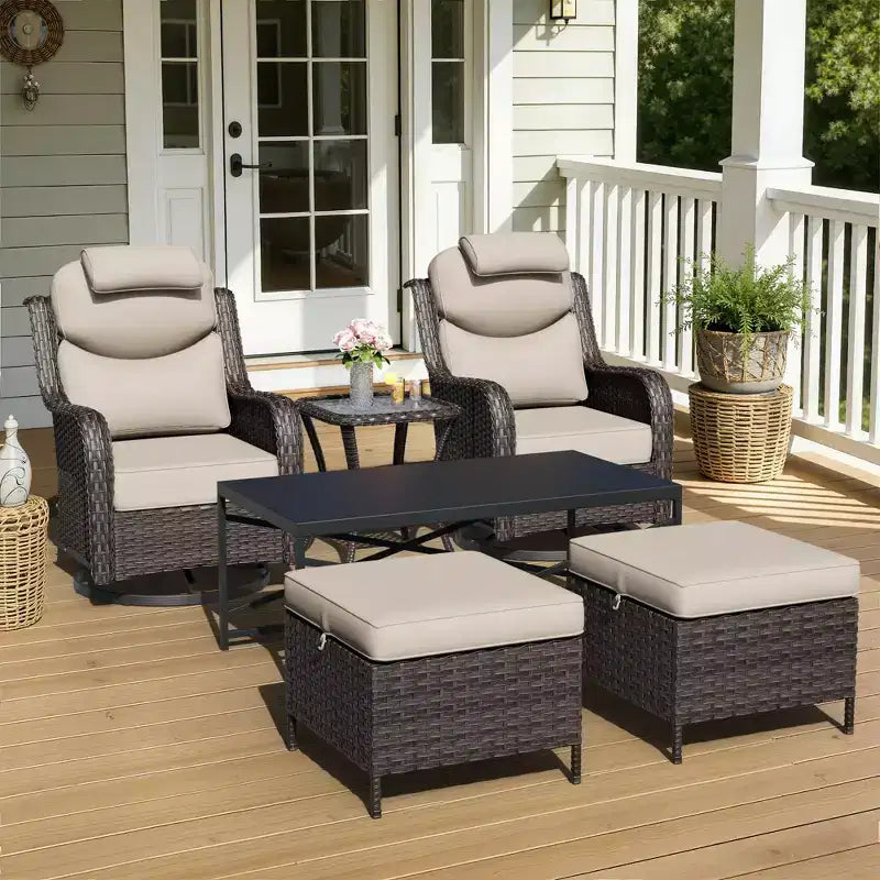 Ensemble de chaises pivotantes et berçantes d'extérieur UPTIOT avec poufs convertibles et table basse pour la détente sur la terrasse