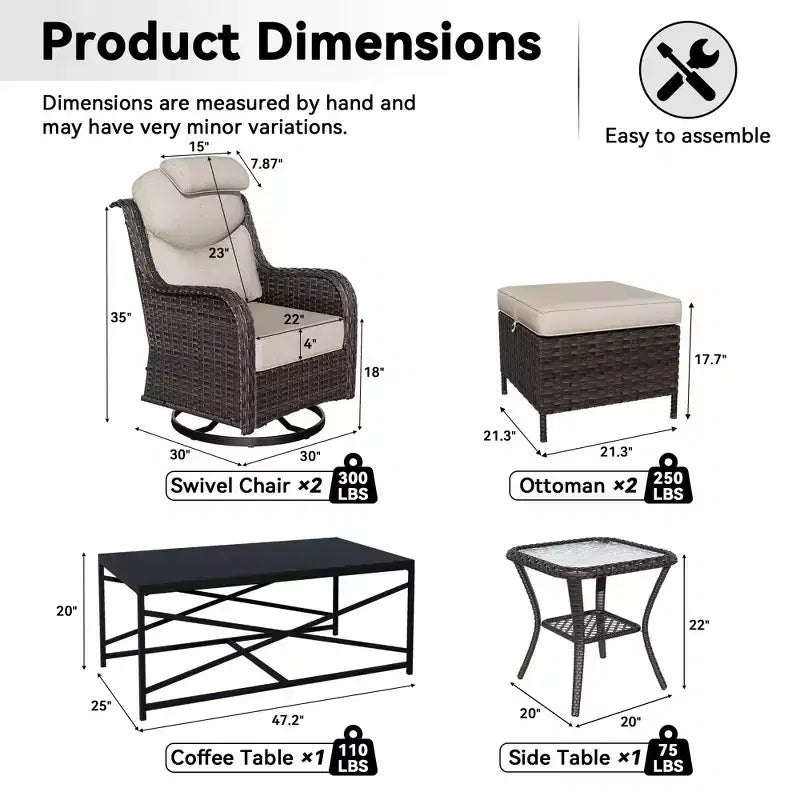 Ensemble de chaises pivotantes et berçantes d'extérieur UPTIOT avec poufs convertibles et table basse pour la détente sur la terrasse