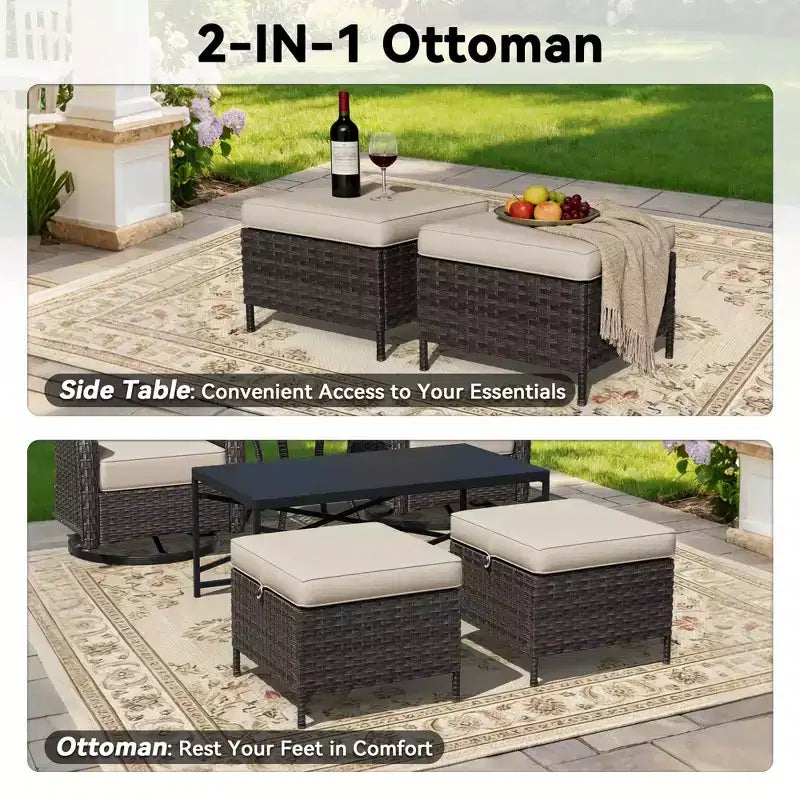 Ensemble de chaises pivotantes et berçantes d'extérieur UPTIOT avec poufs convertibles et table basse pour la détente sur la terrasse