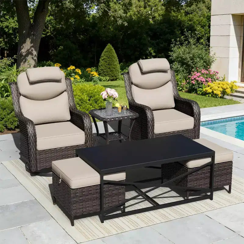 UPTIOT Outdoor Swivel Rocking Chairs Set with Convertible Ottomans and Coffee Table for Patio Relaxation