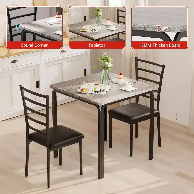 Ensemble table à manger compacte peu encombrante pour 2 personnes - Table carrée moderne avec 2 chaises - Parfait pour les petits appartements, les cuisines ou les coins repas