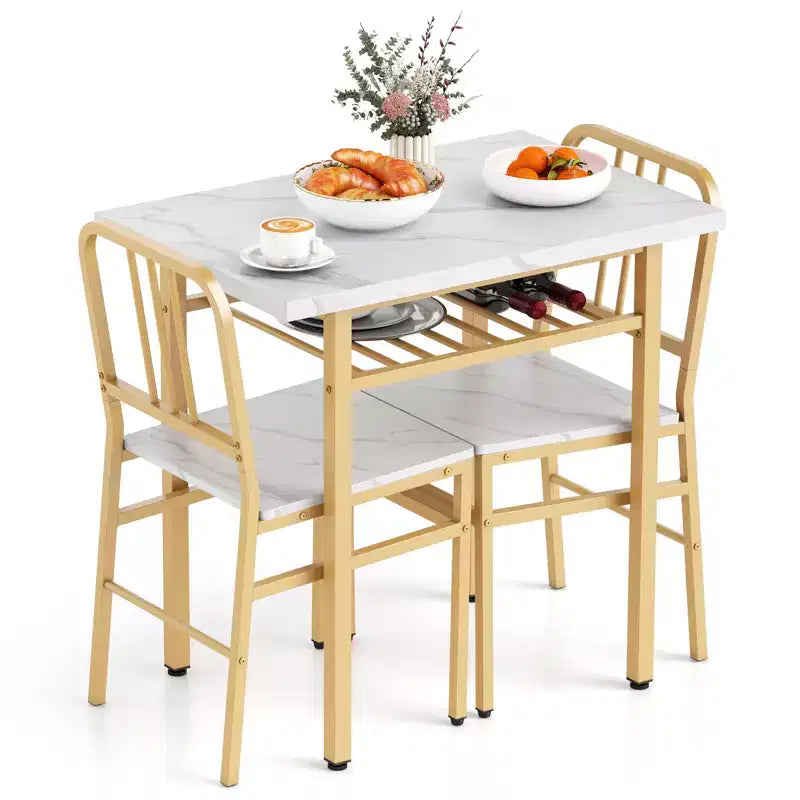 Costway Ensemble Table à Manger Rectangulaire 3 Pièces et Chaises Coin Repas en Bois avec Étagère de Rangement