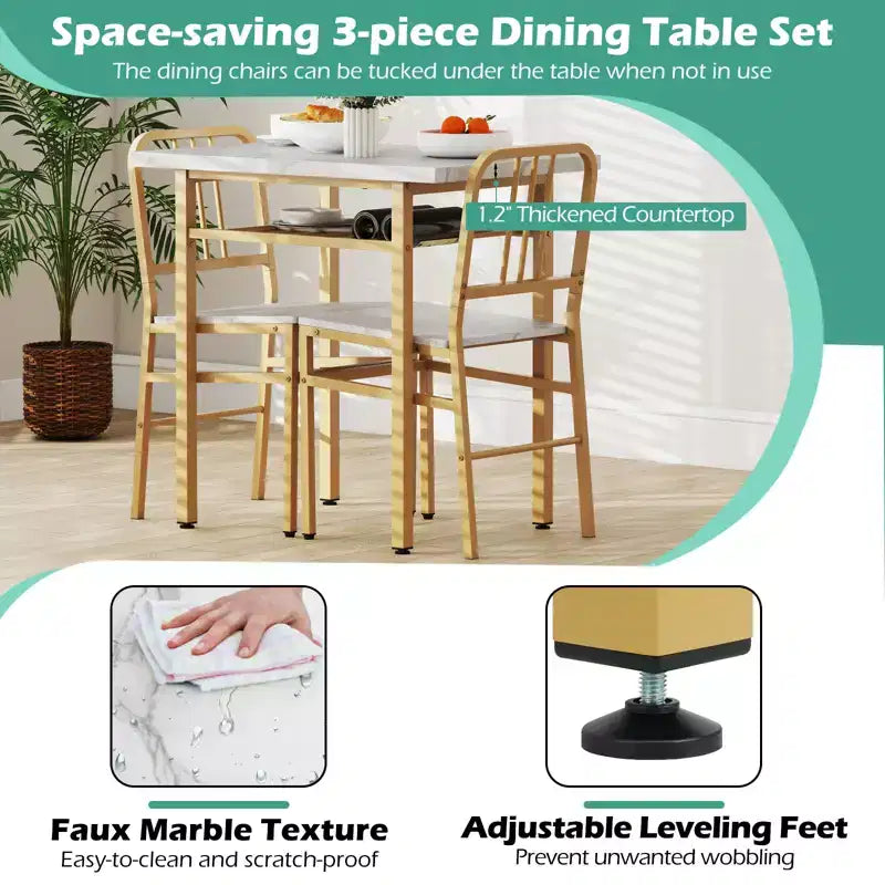 Costway Ensemble Table à Manger Rectangulaire 3 Pièces et Chaises Coin Repas en Bois avec Étagère de Rangement