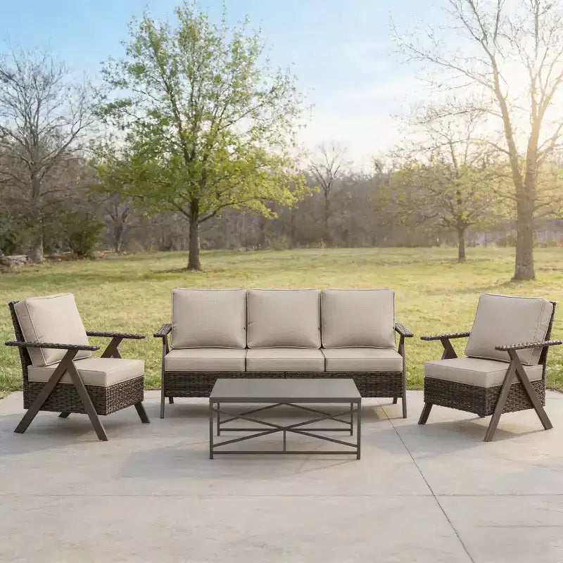 Ensemble de meubles de patio Bestier, ensemble de conversation d'extérieur avec canapé et chaises coussinés épais, table basse pour jardin, arrière-cour, porche