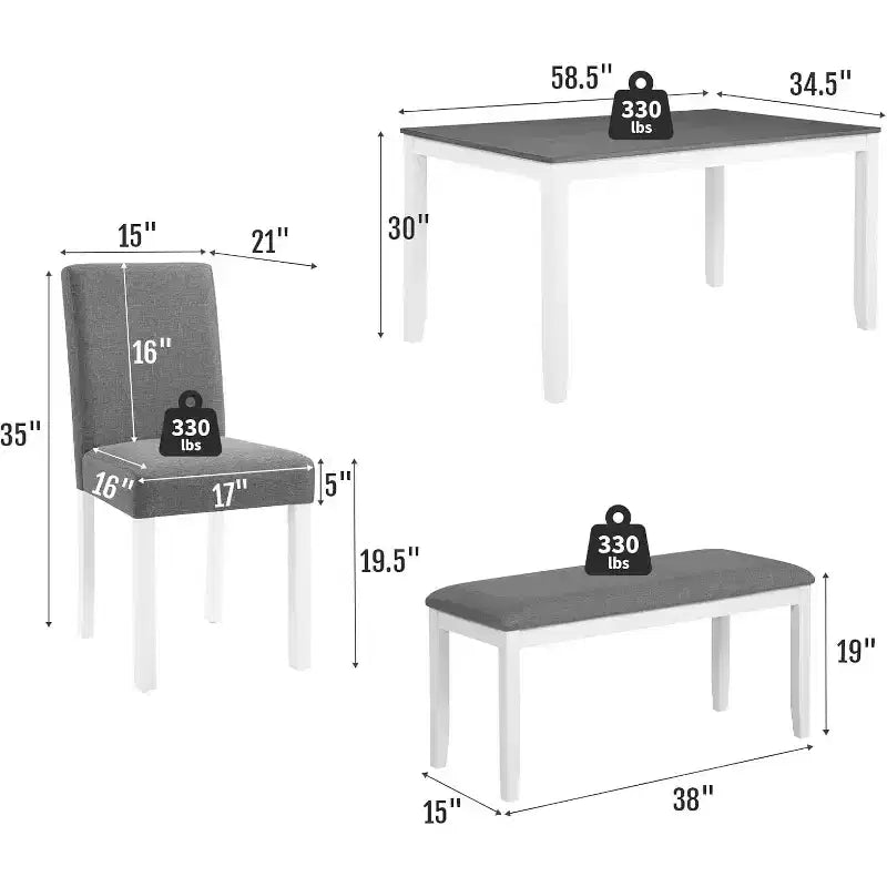 Ensemble de 6 pièces table de salle à manger Zevemomo en bois avec chaises rembourrées et banc pour salle à manger, cuisine, restaurant, gris et blanc
