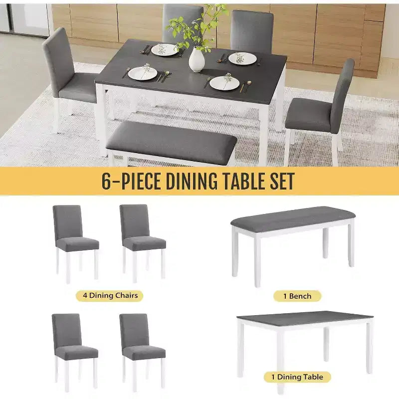 Ensemble de 6 pièces table de salle à manger Zevemomo en bois avec chaises rembourrées et banc pour salle à manger, cuisine, restaurant, gris et blanc