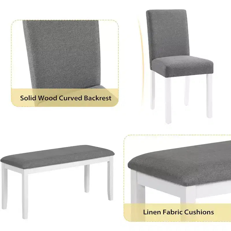 Ensemble de 6 pièces table de salle à manger Zevemomo en bois avec chaises rembourrées et banc pour salle à manger, cuisine, restaurant, gris et blanc