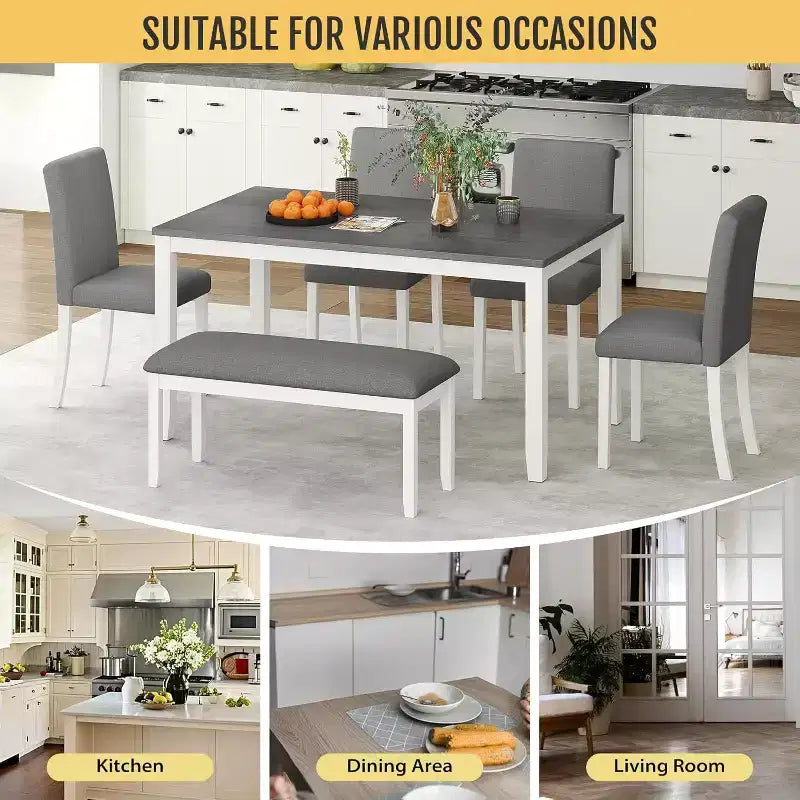 Ensemble de 6 pièces table de salle à manger Zevemomo en bois avec chaises rembourrées et banc pour salle à manger, cuisine, restaurant, gris et blanc