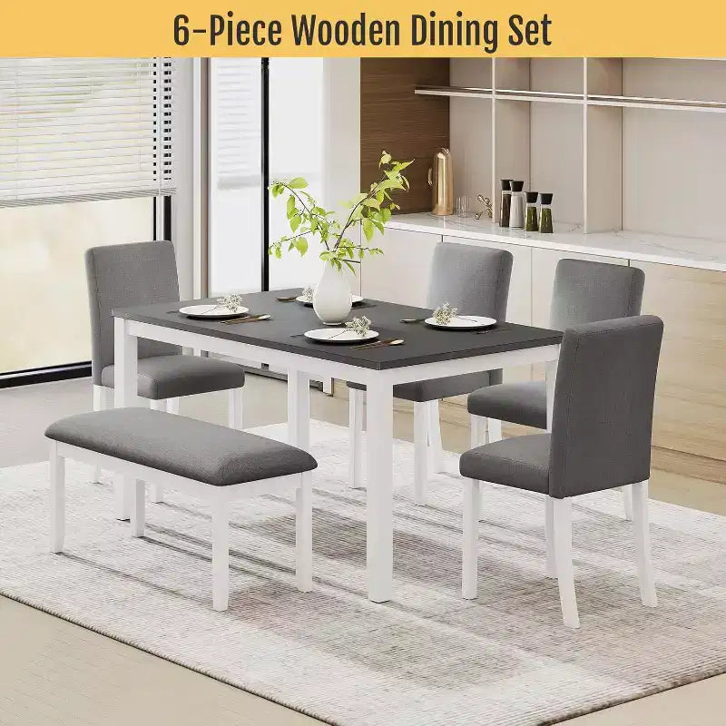 Ensemble de 6 pièces table de salle à manger Zevemomo en bois avec chaises rembourrées et banc pour salle à manger, cuisine, restaurant, gris et blanc