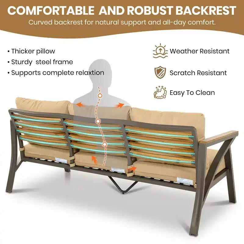 Ensemble de canapé d'angle 6 pièces Whisen pour patio, salon de jardin avec canapé 3 places, 2 fauteuils, 2 poufs, table basse