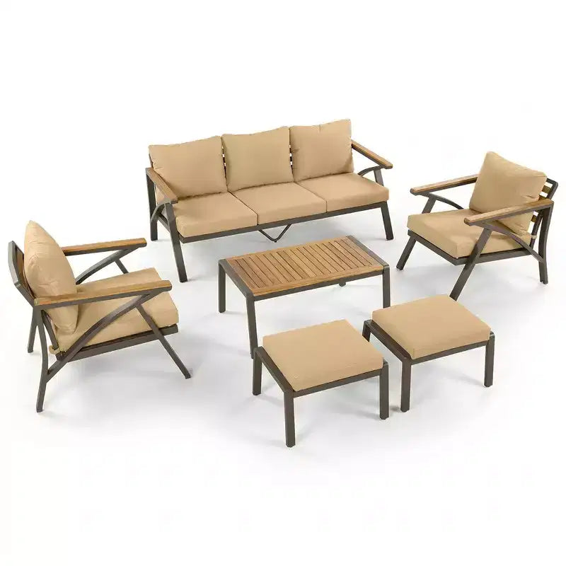 Ensemble de canapé d'angle 6 pièces Whisen pour patio, salon de jardin avec canapé 3 places, 2 fauteuils, 2 poufs, table basse