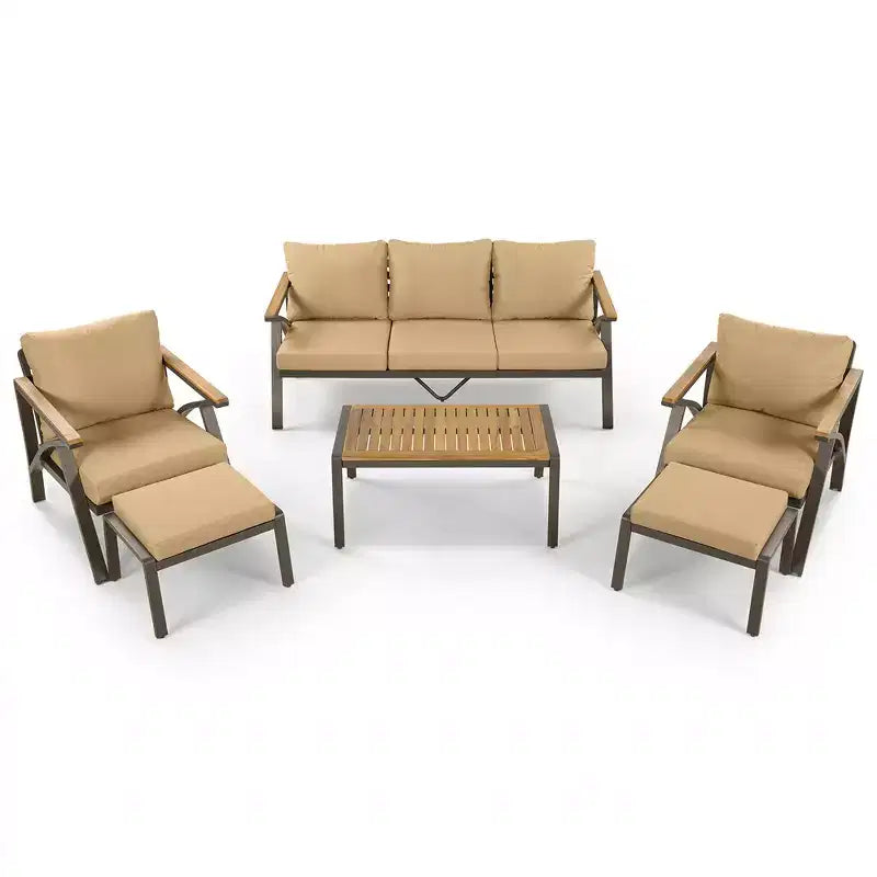 Ensemble de canapé d'angle 6 pièces Whisen pour patio, salon de jardin avec canapé 3 places, 2 fauteuils, 2 poufs, table basse