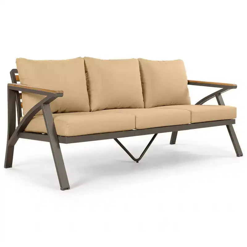 Ensemble de canapé d'angle 6 pièces Whisen pour patio, salon de jardin avec canapé 3 places, 2 fauteuils, 2 poufs, table basse