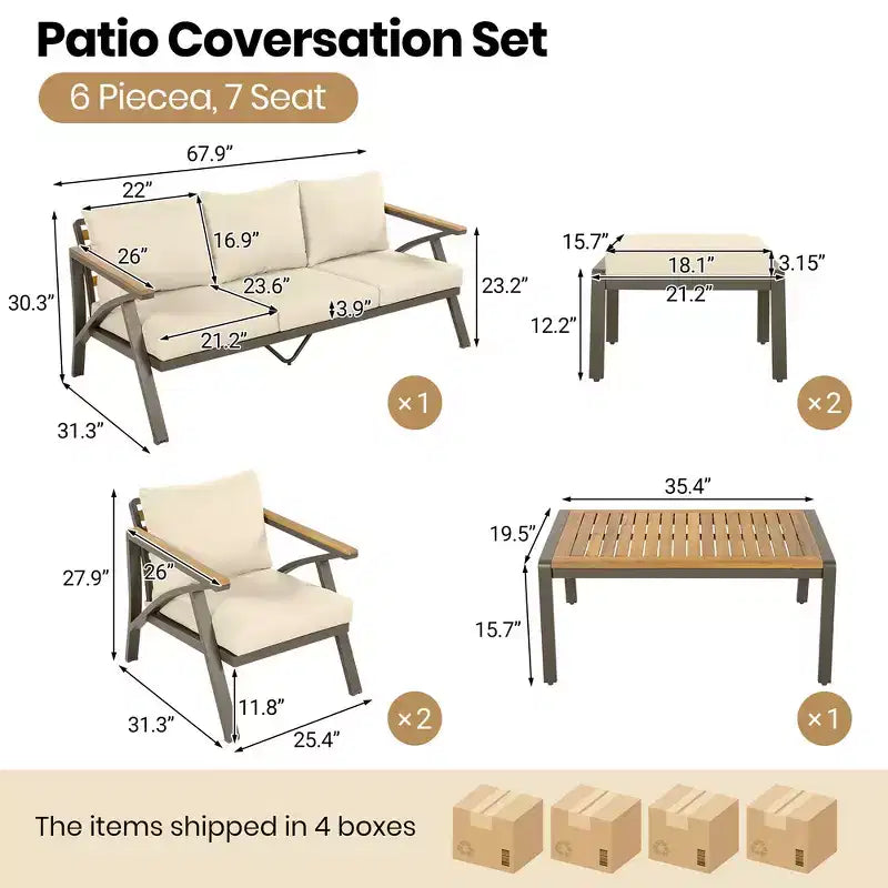 Ensemble de canapé d'angle 6 pièces Whisen pour patio, salon de jardin avec canapé 3 places, 2 fauteuils, 2 poufs, table basse